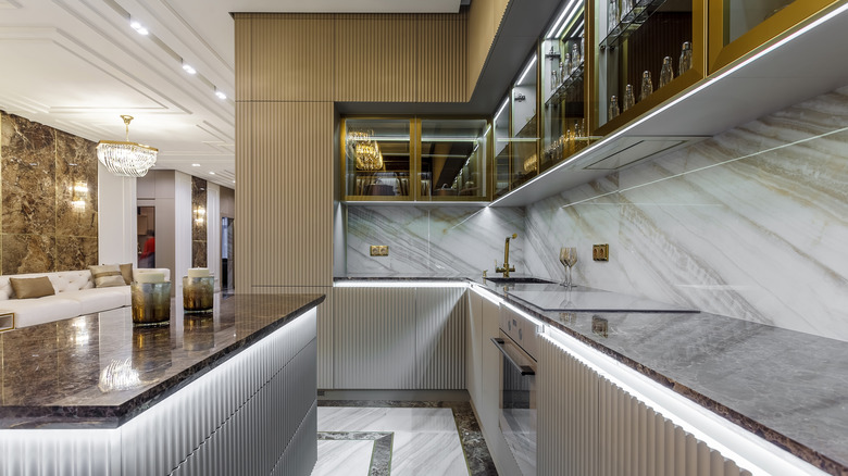 A modern kitchen, with nearly everything stored in ridged cabinetry that looks like a wall