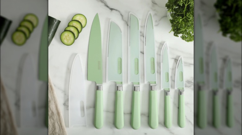Martha Stewart knife set on a marble counter top