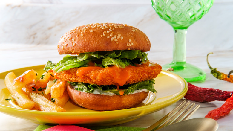 buffalo chicken burger on plate