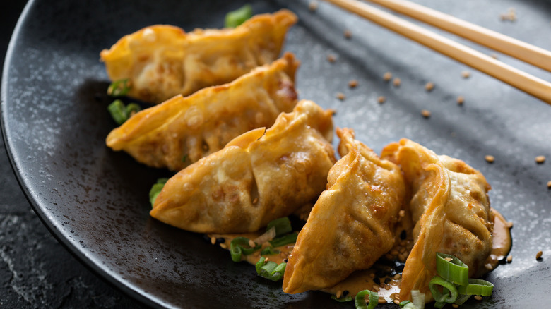 potstickers on plate with chopsticks