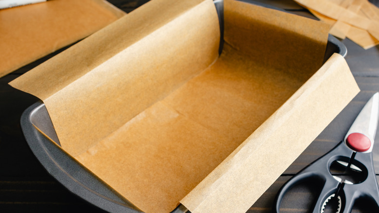 A loaf pan lined with parchment paper, next to a pair of scissors