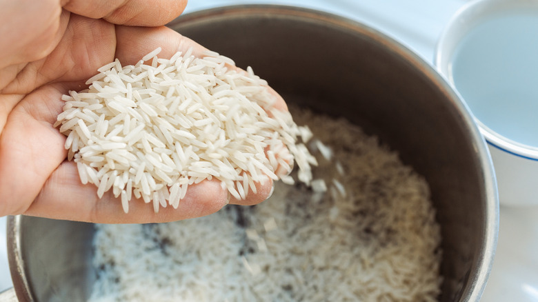 A hand holds rice grains as they spill into a pot