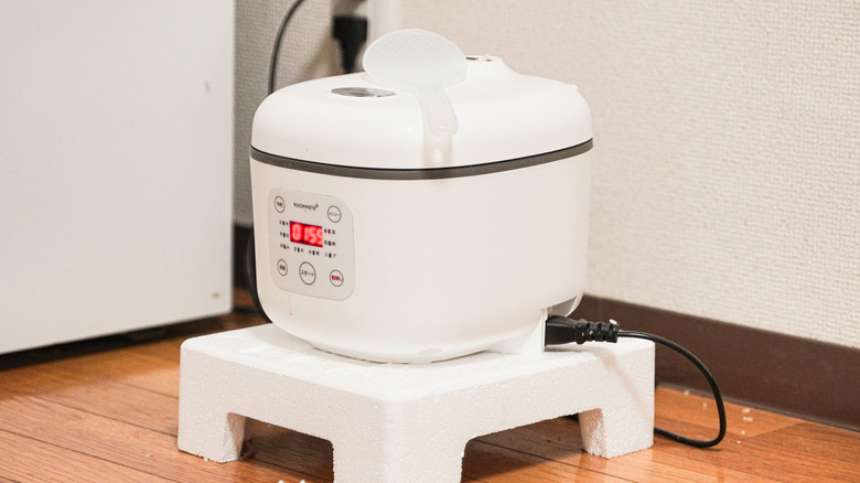 A sleek white rice cooker sits on a polystyrene stand