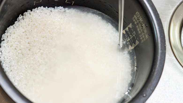 Water being poured into a rice cooker