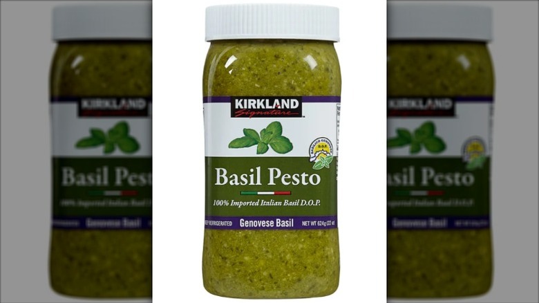 A jar of Kirkland Signature Basil Pesto