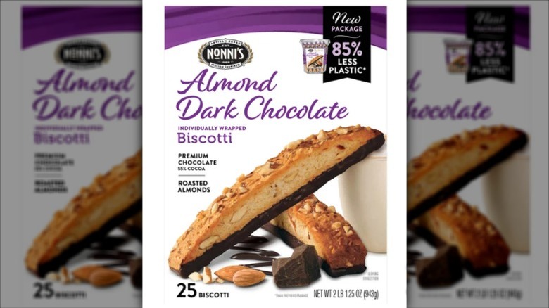 A box of Nonni's Almond Dark Chocolate Biscotti