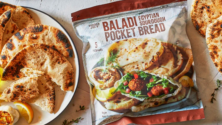 a package of Baladi Egyptian Sourdough Pocket Bread beside a plate of the prepared food