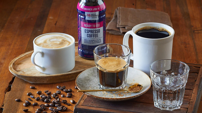 Trader Joe's Ready to Use Espresso Coffee set up with several drinks