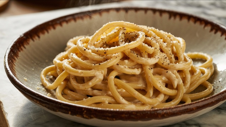 Ceramic bowl of cacio e pepe on a table