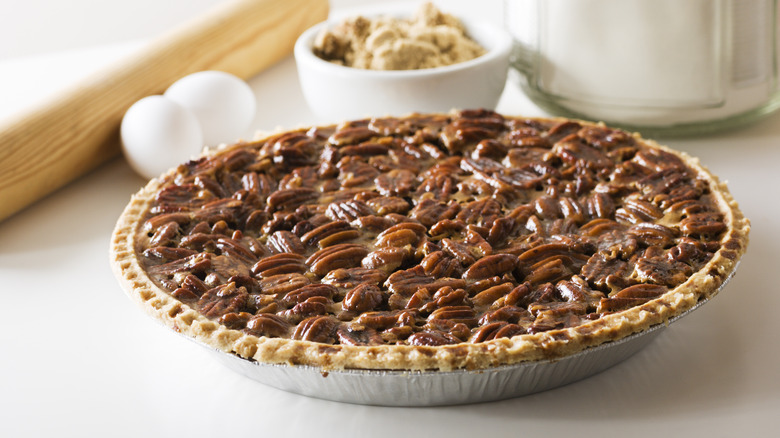 pecan pie in metal dish