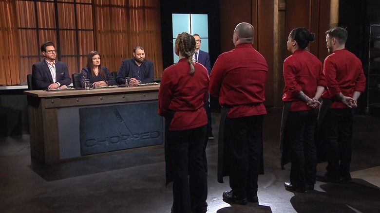 Contestants on Food Network's "Chopped" meeting with the judges