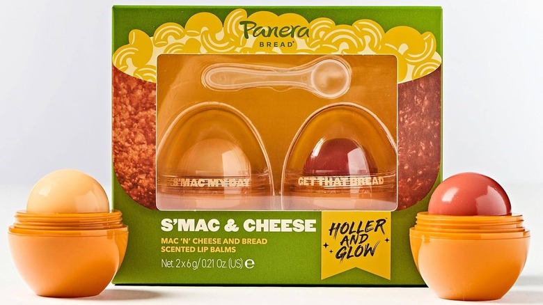 panera x holler and glow s'mac and cheese lip duo styled in and out of box against white background