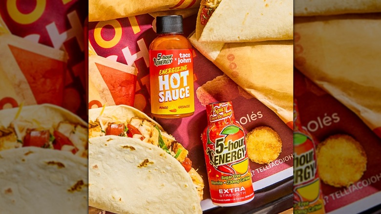 overhead shot of 5-hour energy and taco john's hot sauce, styled with tacos
