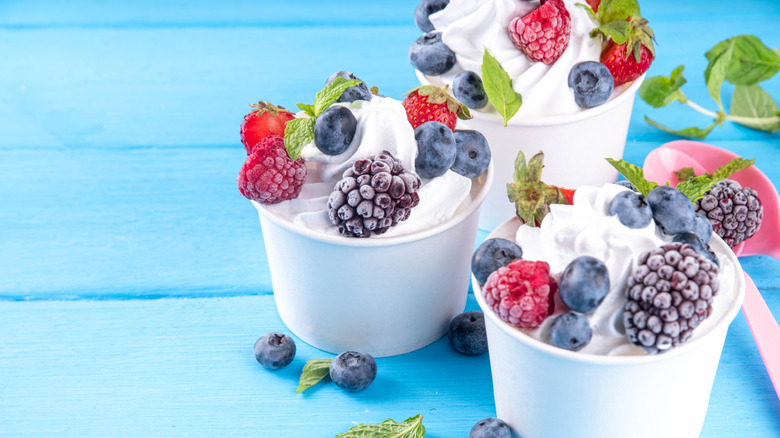 Tubs of frozen yogurt with frozen fruit