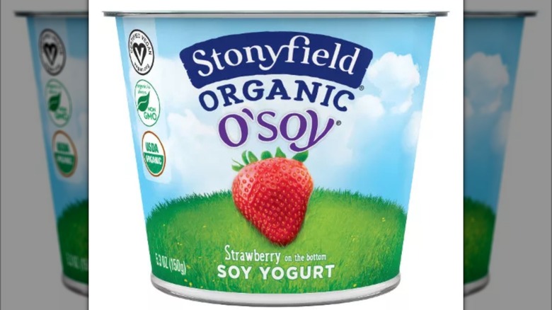 A tub of Stonyfield Organic O'Soy Strawberry Yogurt