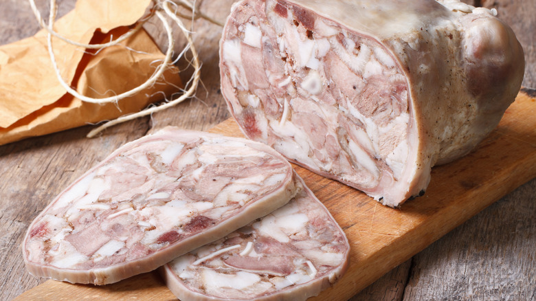 Cut head cheese on a chopping board