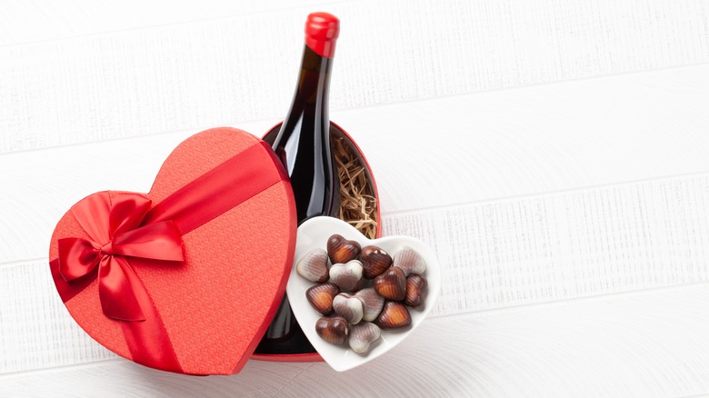 Bottle of wine with V-Day chocolates