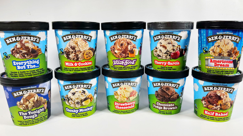 10 pints of Ben & Jerry's stacked two-high on a white background