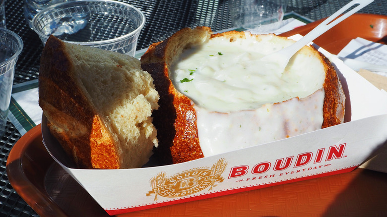 Soup served in a bread bowl at Boudin Bakery