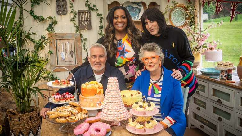 Paul Hollywood, Alison Hammond, Noel Fielding, and Prue Leith are pictured in a promotional still for "The Great British Baking Show"
