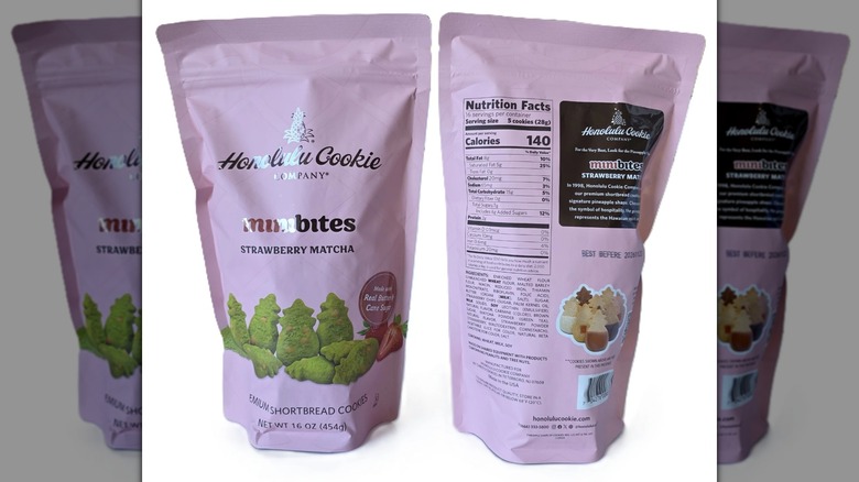 Front and back view of bag of Honolulu Cookie Company Strawberry Matcha Mini Bites