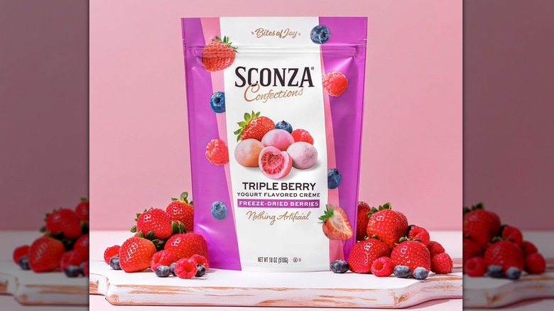 A bag of Sconza triple berry yogurt flavored creme freeze-dried berries