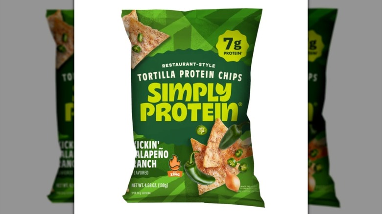 A bag of SimplyProtein Kickin' Jalapeño Ranch Protein Tortilla Chips