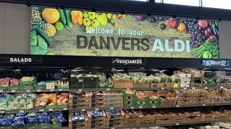 aldi produce displayed in cardboard shipping cartons