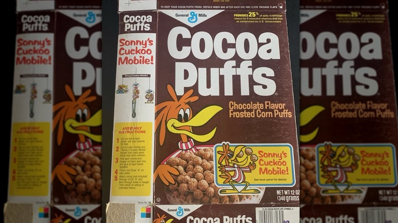 Cocoa Puffs 60s cereal box featuring Sonny the bird mascot