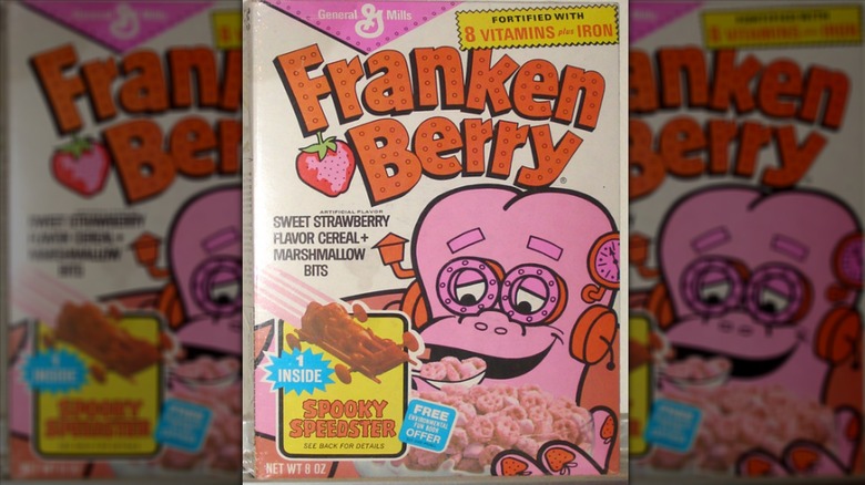 Franken Berry cereal box featuring pink monster