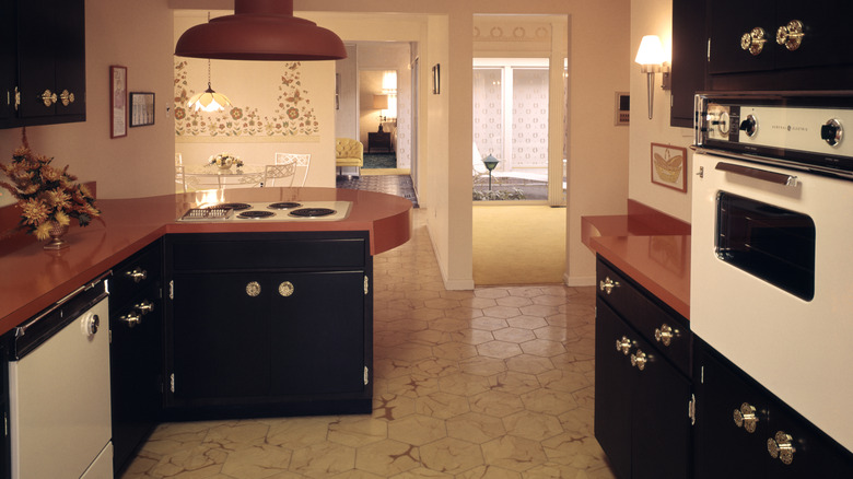 Interior view of a midcentury kitchen with Formica counters