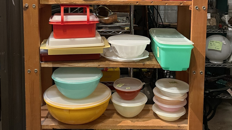 Shelf full of second-hand plastic food containers