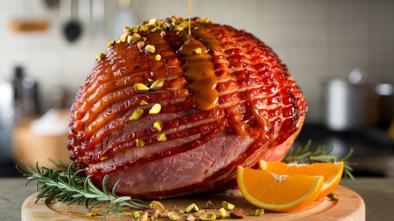 A glazed ham being drizzled with gravy