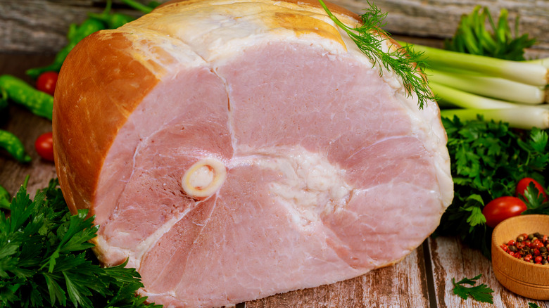 A sliced piece of Smoked bone-in ham