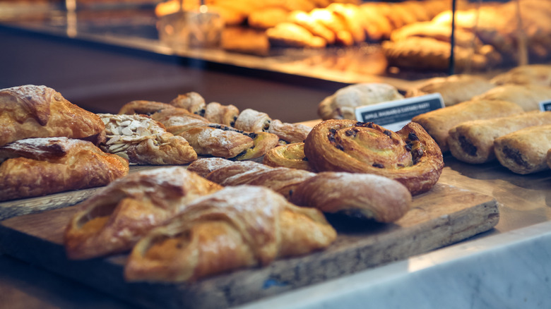 Pastries on display in a bakery
