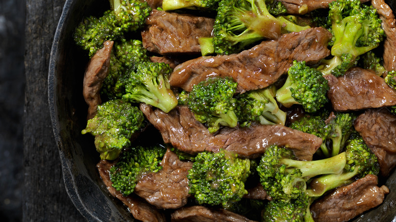 Broccoli beef in a bowl