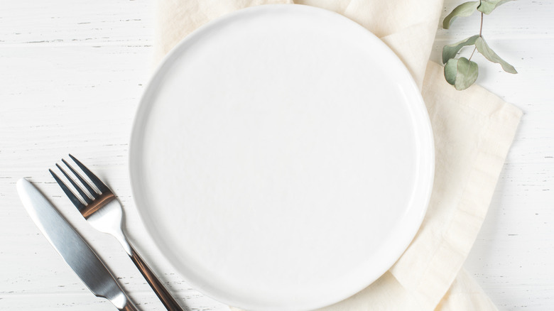 A clean white plate, with a knife and fork next to it