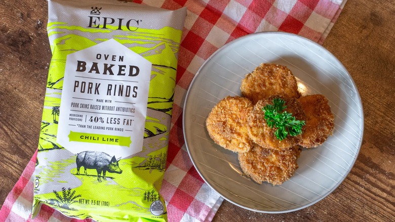 EPIC chili lime pork rinds next to fried green tomatoes