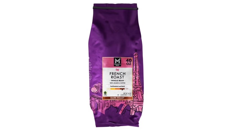 A purple 40 oz. bag of Member's Mark French Roast Whole Bean Coffee