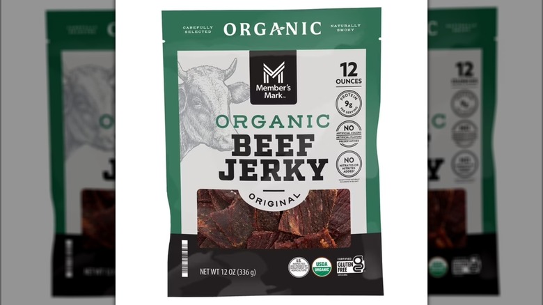 A green and white bag of Member's Mark Original Organic Beef Jerky