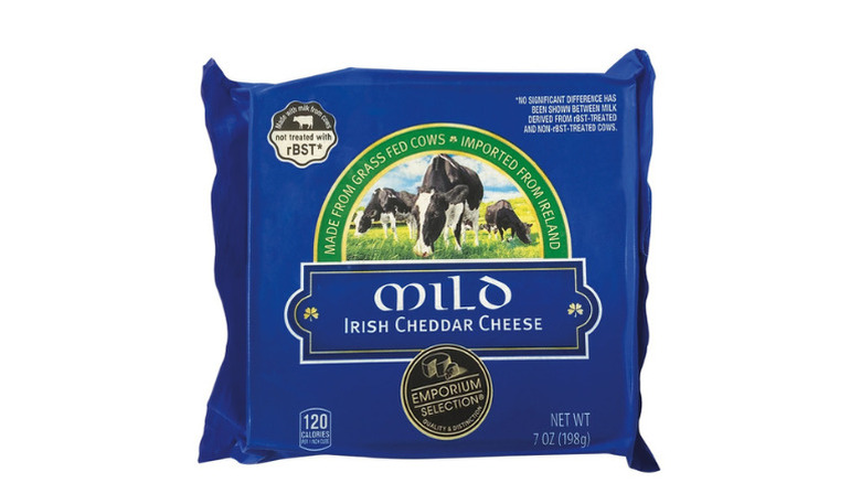 a packaged of Irish cheddar cheese against a white background