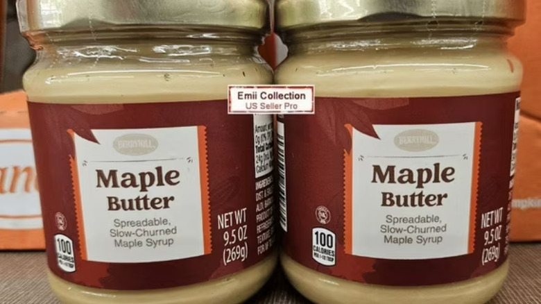 two jars of Berryhill maple butter on a shelf