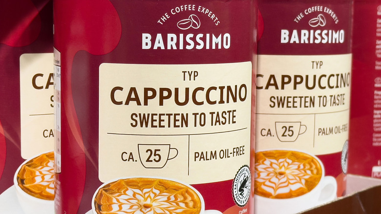 a row of Barissimo cappuccino containers on a grocery shelf