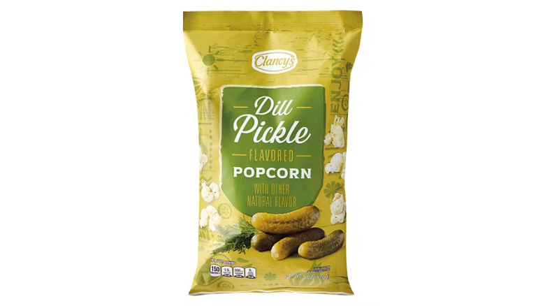 a bag of Clancy's dill pickle popcorn against a white background