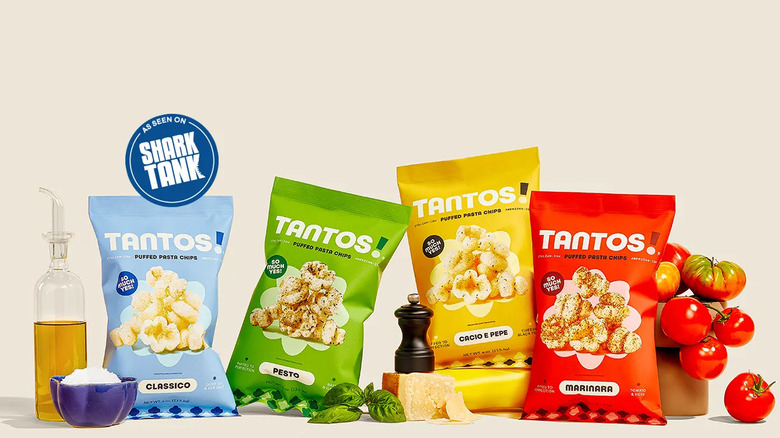 Multiple flavors of Tantos puffed pasta chips as seen on shark tank