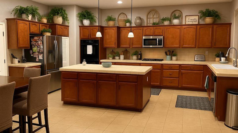 Kitchen with potted plants decorating space above cabinets