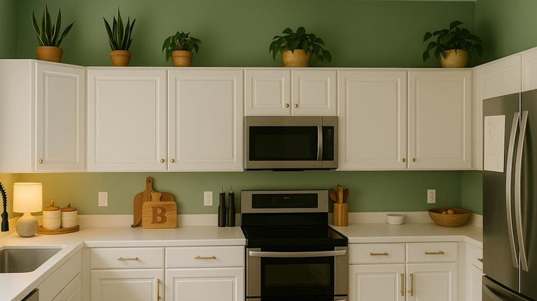 Green kitchen with white cabinets