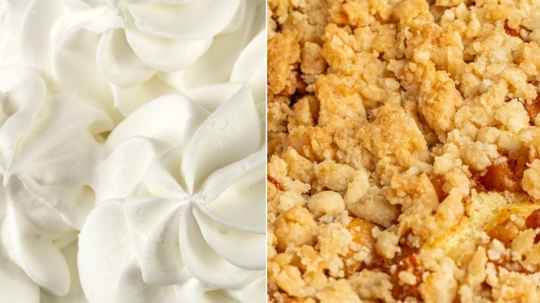 Close up of whipped cream next to a close up of freshly cooked streusel