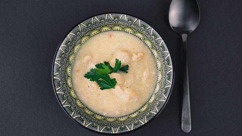 A bowl of creamy chicken soup