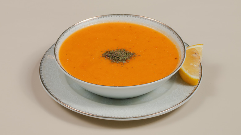 Lentil soup, with a wedge of lemon